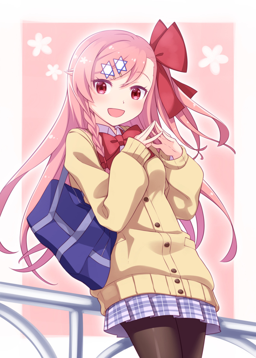 1girl, :d, against_railing, bag, blue_skirt, bow, brown_cardigan, brown_legwear, cardigan, commentary_request, floral_background, girls_frontline, grey_background, hair_bow, hair_ornament, hairclip, haradaiko_(arata_himeko), highres, long_hair, long_sleeves, looking_at_viewer, negev_(girls_frontline), one_side_up, open_mouth, pantyhose, pink_background, pink_hair, plaid, plaid_skirt, pleated_skirt, railing, red_bow, red_eyes, school_bag, school_uniform, skirt, sleeves_past_wrists, smile, solo, steepled_fingers, two-tone_background, very_long_hair