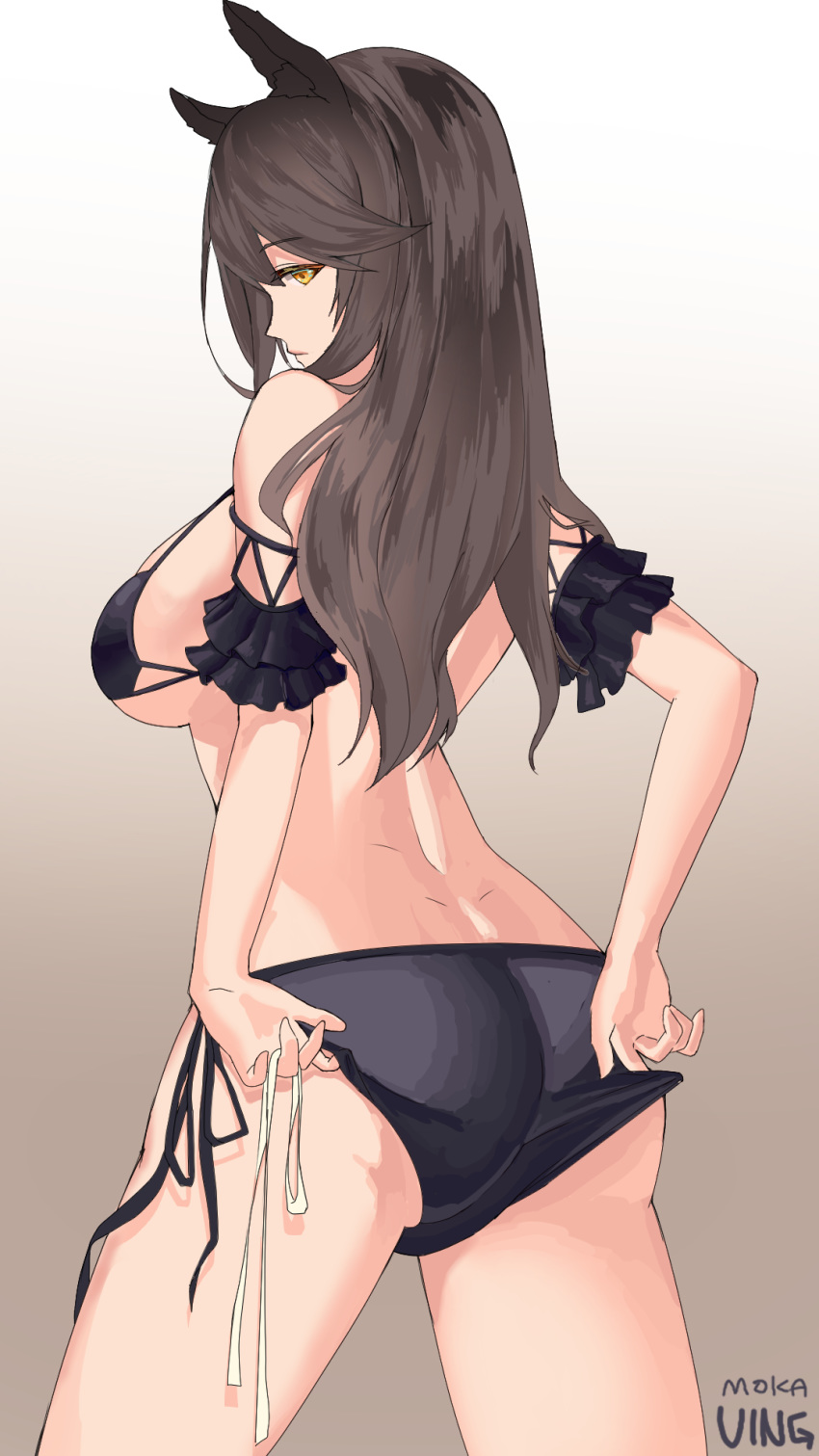 1girl, alternate_costume, animal_ears, artist_name, ass, atago_(azur_lane), azur_lane, back