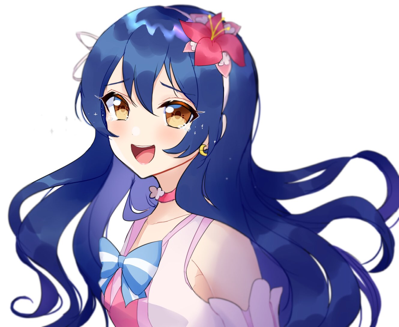 1girl, blue_hair, blush, brown_eyes, choker, collarbone, earrings, flower