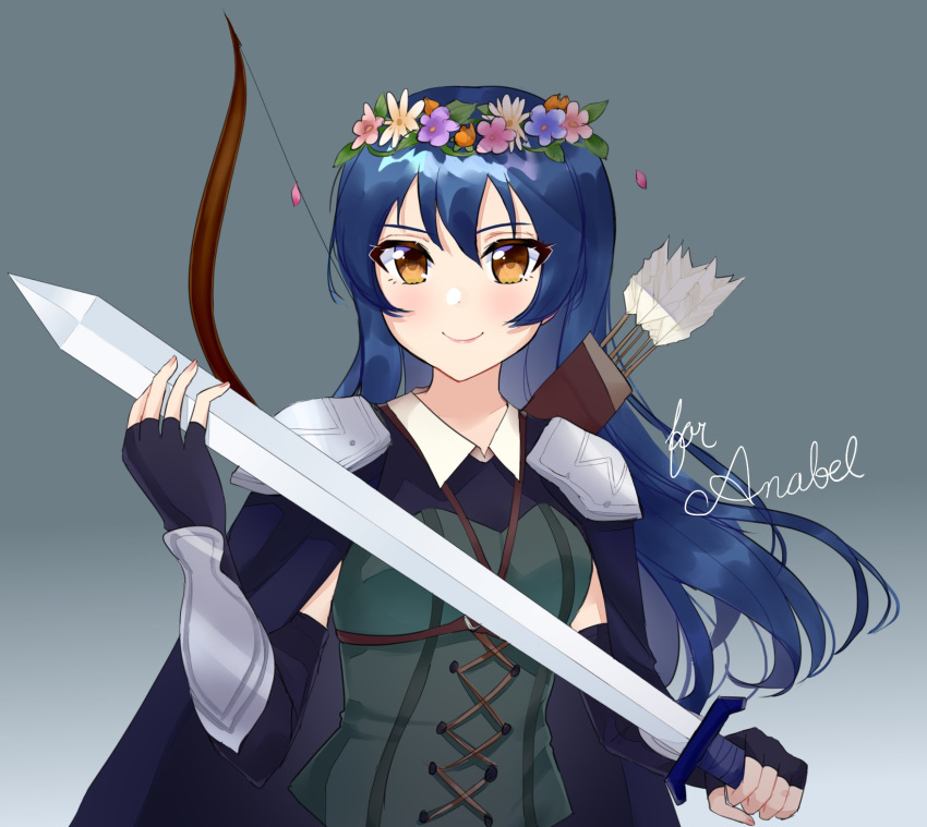 1girl, alternate_costume, armor, black_gloves, blue_hair, blush, bow_(weapon), brown_eyes