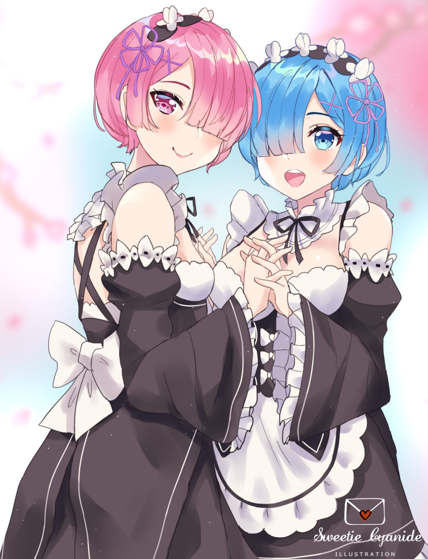 2girls, artist_name, blue_eyes, blue_hair, blush, breasts, closed_mouth, eyebrows_visible_through_hair