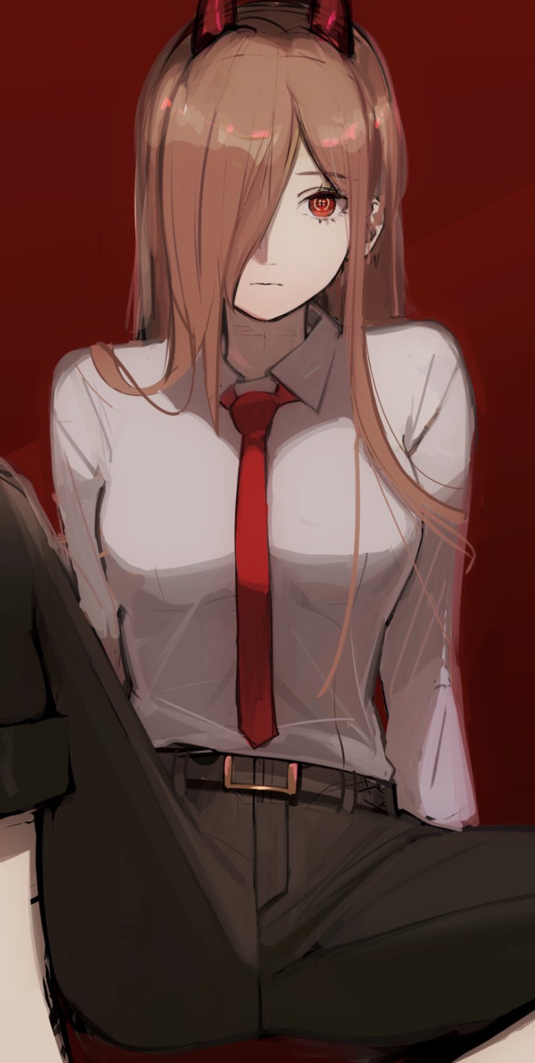 1girl, belt, black_belt, black_pants, breasts, brown_hair, chainsaw_man, closed_mouth