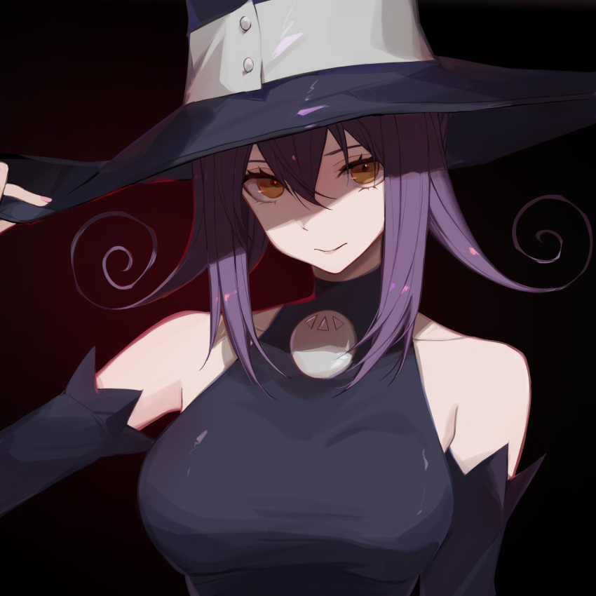 1girl, adjusting_clothes, adjusting_hat, arm_up, bangs, bare_shoulders, black_background, black_dress