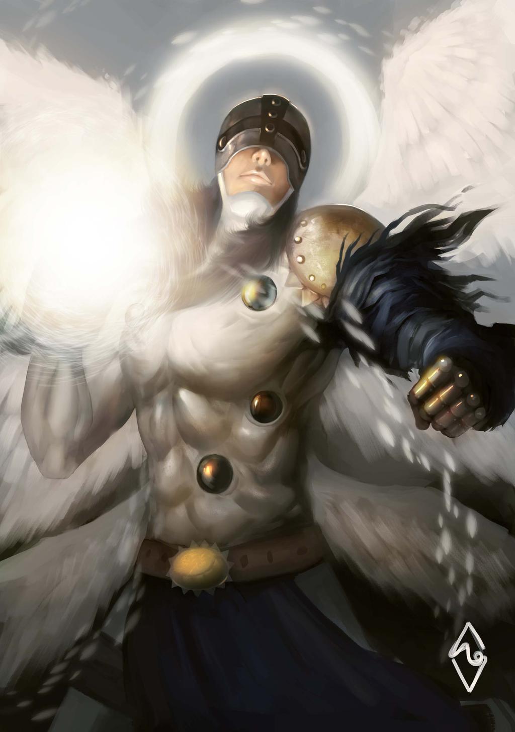 1boy, abs, angel, angemon, armor, belt, brown_belt, clenched_hand