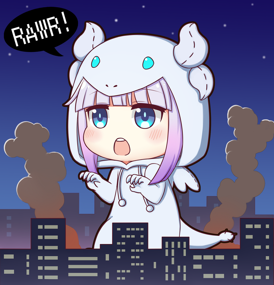 1girl, animal_costume, bangs, blue_eyes, blunt_bangs, building, chibi, cityscape