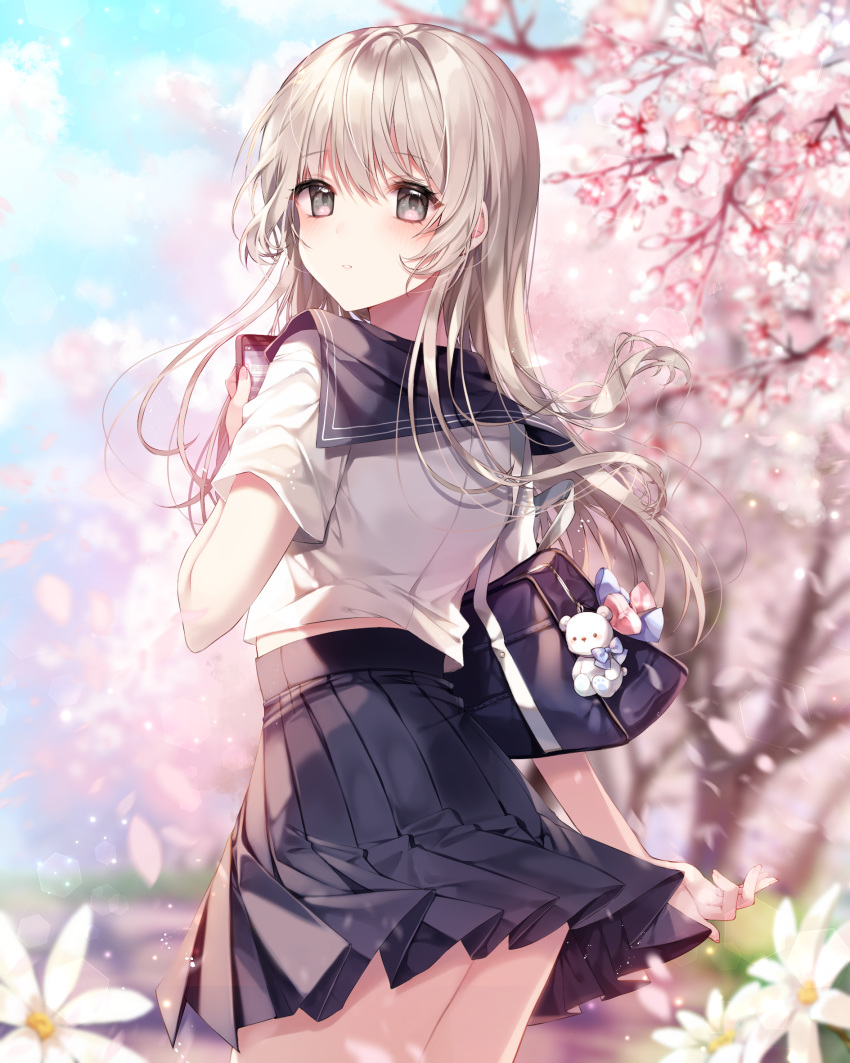 1girl, bag, bag_charm, bangs, black_sailor_collar, black_skirt, blue_bow, blurry