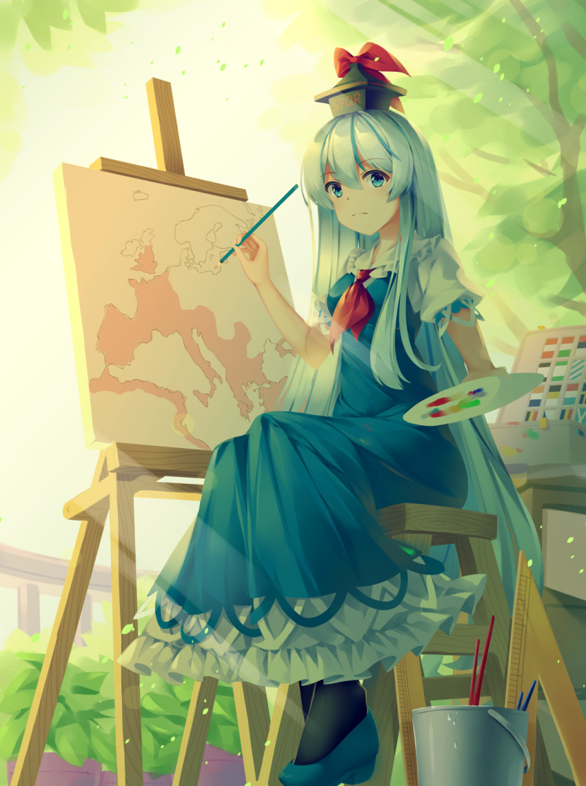 1girl, ascot, black_legwear, blue_dress, blue_footwear, blue_hair, blue_headwear, blurry