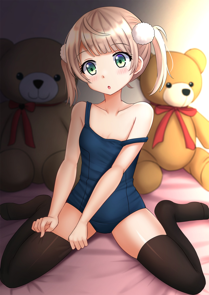 1girl, :o, bangs, bare_arms, bare_shoulders, bed_sheet, black_legwear, blue_swimsuit, blush, bow, breasts, collarbone, commentary, eyebrows_visible_through_hair, green_eyes, hair_ornament, highres, kazenokaze, light_brown_hair, no_shoes, one-piece_swimsuit, parted_lips, red_bow, red_ribbon, ribbon, shigure_ui_(channel), shigure_ui_(vtuber), short_hair, sitting, skindentation, small_breasts, solo, strap_slip, stuffed_animal, stuffed_toy, swimsuit, teddy_bear, thigh-highs, thighhighs_pull, twintails, virtual_youtuber, wariza