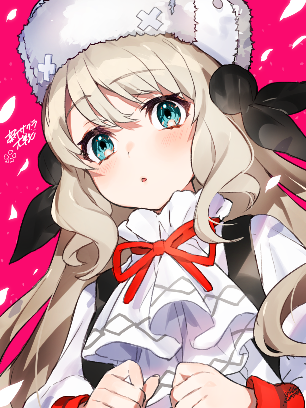 1girl, :o, aqua_eyes, ascot, bangs, black_ribbon, clara_(shin_sakura_taisen), commentary_request, eyebrows_visible_through_hair, fur_hat, hair_between_eyes, hair_ribbon, hat, highres, light_brown_hair, long_hair, long_sleeves, mika_pikazo, neck_ribbon, parted_lips, purple_background, red_ribbon, ribbon, sakura_taisen, shin_sakura_taisen, shirt, signature, solo, white_headwear, white_neckwear, white_shirt