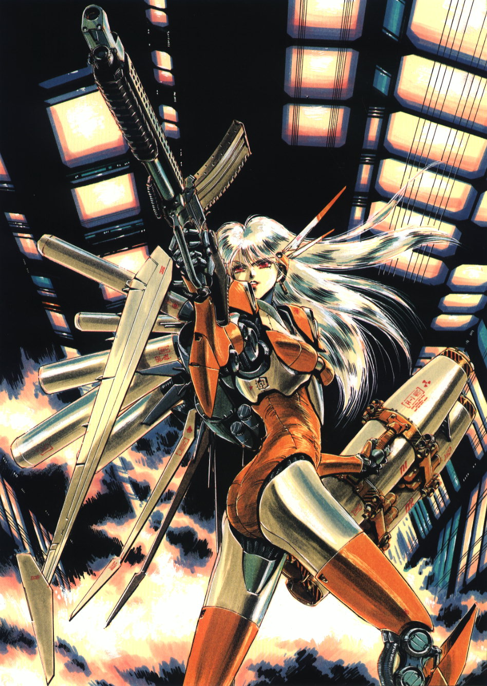 1980s_(style), 1girl, ariel_(mecha), ariel_(novel), bangs, gun, highres, holding, holding_weapon, jetpack, leotard, long_hair, machine_gun, mecha, mecha_musume, mechanical_wings, official_art, oldschool, red_eyes, suzuki_masahisa, weapon, white_hair, wings