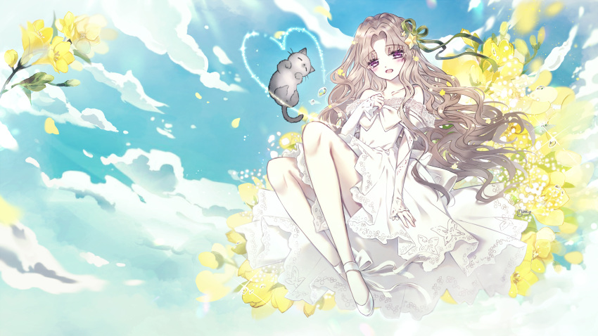 1girl, :d, absurdres, animal, bangs, bare_shoulders, blue_sky, blush, brown_hair, cat, clouds, cloudy_sky, commission, danby_merong, day, dress, eyebrows_visible_through_hair, flower, freesia_(flower), green_ribbon, hair_ornament, hair_ribbon, heart, highres, long_hair, long_sleeves, midair, off-shoulder_dress, off_shoulder, open_mouth, original, outdoors, parted_bangs, petals, pink_flower, ribbon, shoes, sky, sleeves_past_wrists, smile, solo, spring_(season), star, star_hair_ornament, very_long_hair, violet_eyes, white_dress, white_footwear, yellow_flower
