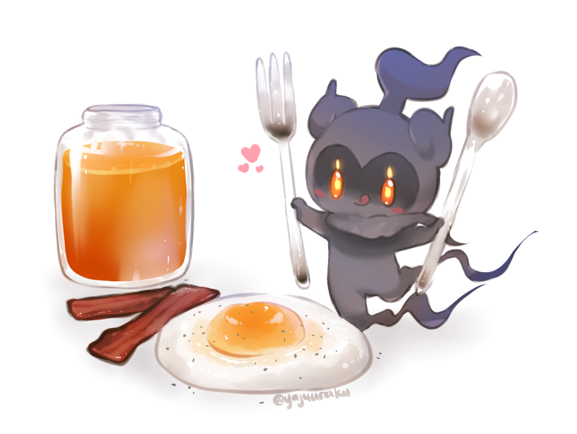 bacon, bringthanoise, brown_eyes, creature, food, fork, fried_egg, full_body