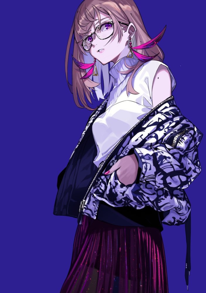 1girl, black-framed_eyewear, blue_background, brown_hair, casual, character_request, copyright_request, earrings