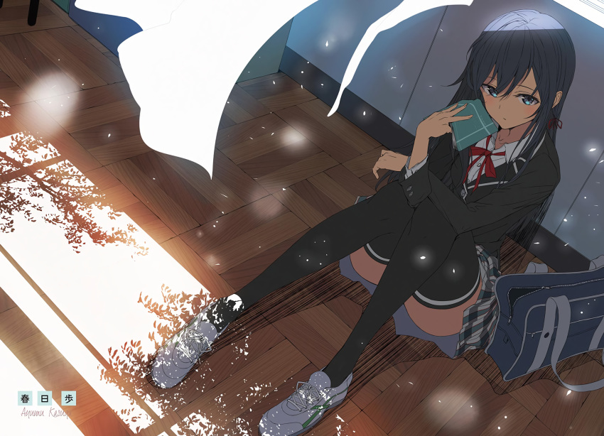 1girl, artist_name, bag, bangs, black_jacket, black_legwear, blue_eyes, blue_hair, blush, collared_shirt, dress_shirt, full_body, hair_between_eyes, hair_ribbon, highres, jacket, kasuga_ayumu_(haruhipo), long_hair, long_sleeves, miniskirt, neck_ribbon, plaid, plaid_skirt, pleated_skirt, red_ribbon, ribbon, school_bag, school_uniform, shirt, shoes, sitting, skirt, sneakers, solo, straight_hair, thigh-highs, white_shirt, wing_collar, yahari_ore_no_seishun_lovecome_wa_machigatteiru., yukinoshita_yukino, zettai_ryouiki