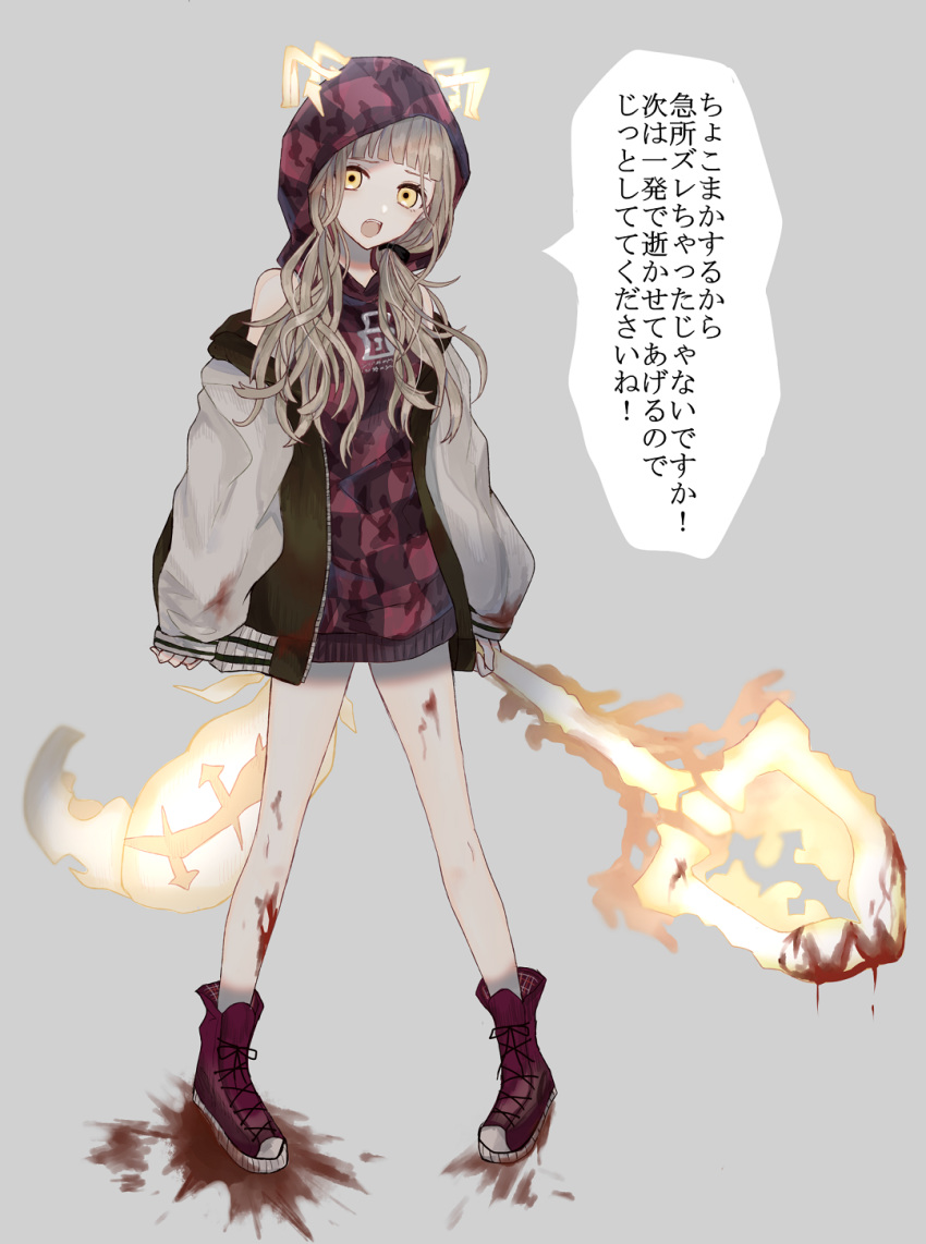 1girl, akitama2727, bangs, bare_legs, bare_shoulders, blonde_hair, blood, blood_splatter