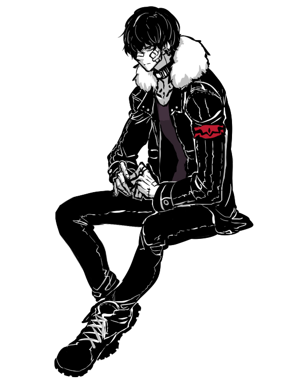 1boy, armband, bandages, bandaid, bandaid_on_face, bandaid_on_nose, boots, closed_mouth, collar, collarbone, earrings, fingernails, fur-trimmed_jacket, fur_trim, half-closed_eyes, invisible_chair, jacket, jewelry, js4935, male_focus, original, red_armband, ring, simple_background, sitting, sketch, solo, spot_color, stitches, white_background
