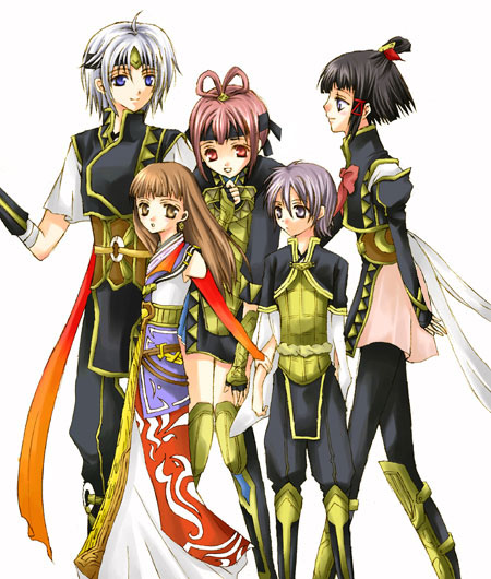 black_hair, blue_eyes, bridal_gauntlets, brown_eyes, brown_hair, dress, freyjadour_falenas, gensou_suikoden