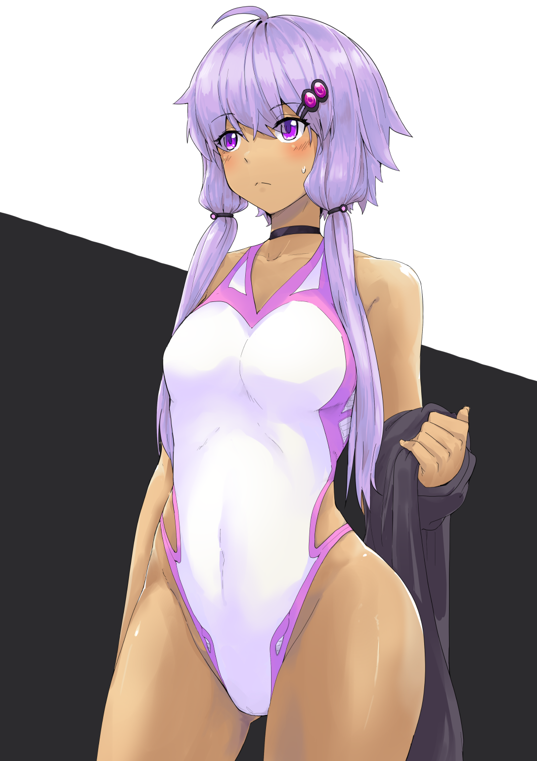 1girl, ass_visible_through_thighs, breasts, choker, commentary, competition_swimsuit, contrapposto, grey_towel