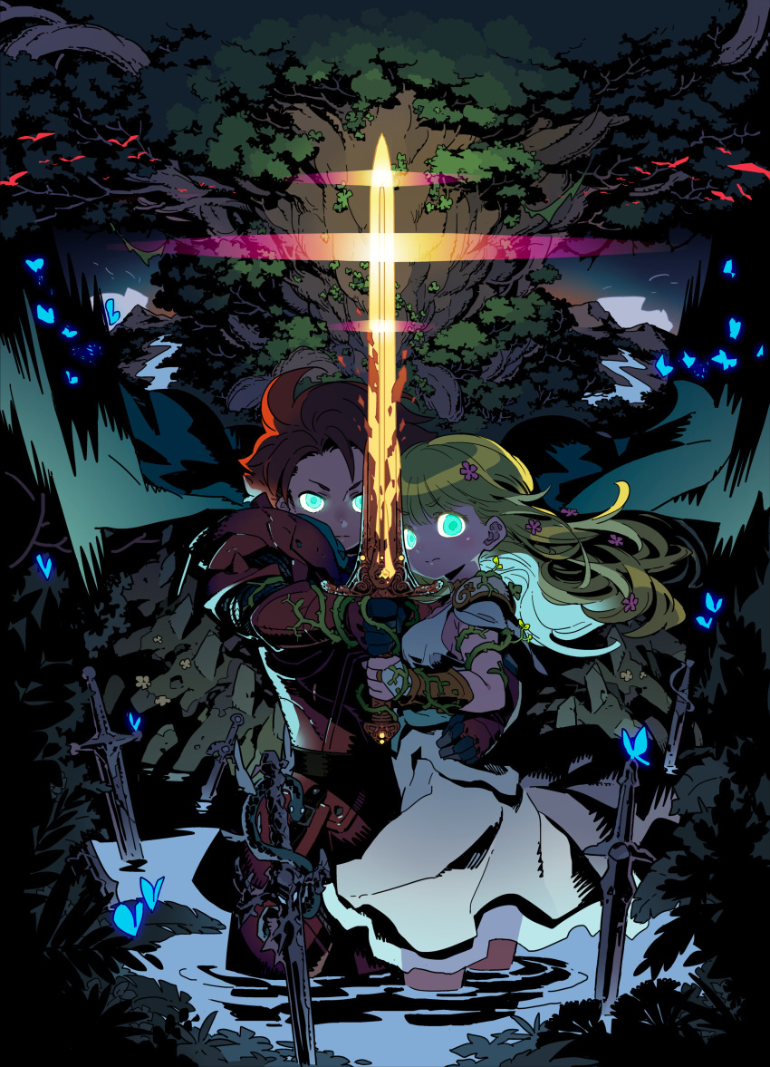 1boy, 1girl, absurdres, aqua_eyes, arm_around_waist, armor, blonde_hair, bracer