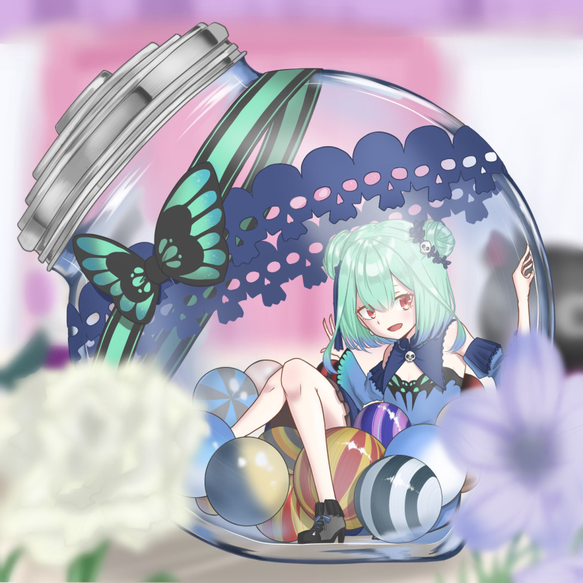 1girl, abo_leen, bangs, blue_dress, blue_ribbon, bug, butterfly, cleavage_cutout