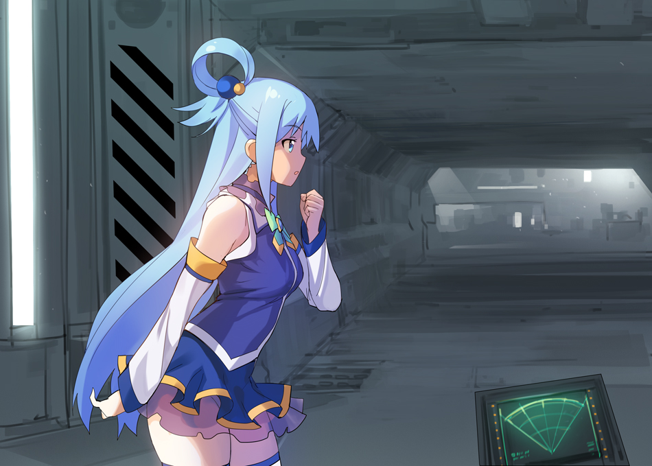 1girl, a1, alien_isolation, aqua_(konosuba), bare_shoulders, blue_dress, blue_eyes, blue_hair, breasts, commentary_request, controller, cowboy_shot, detached_sleeves, dress, hair_rings, kono_subarashii_sekai_ni_shukufuku_wo!, long_hair, medium_breasts, pov, sleeveless, sleeveless_dress, solo, standing, thigh-highs, tunnel, white_legwear