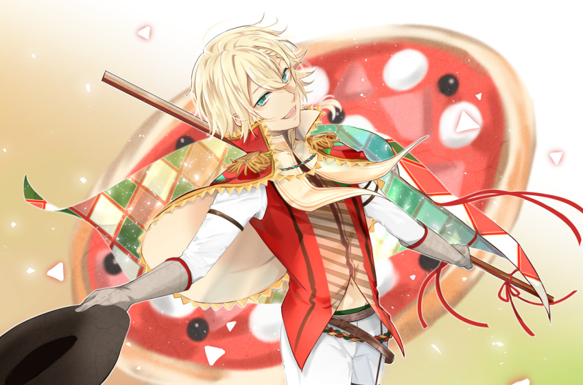 1boy, blonde_hair, flag, food_fantasy, gloves, green_eyes, hat, hat_removed