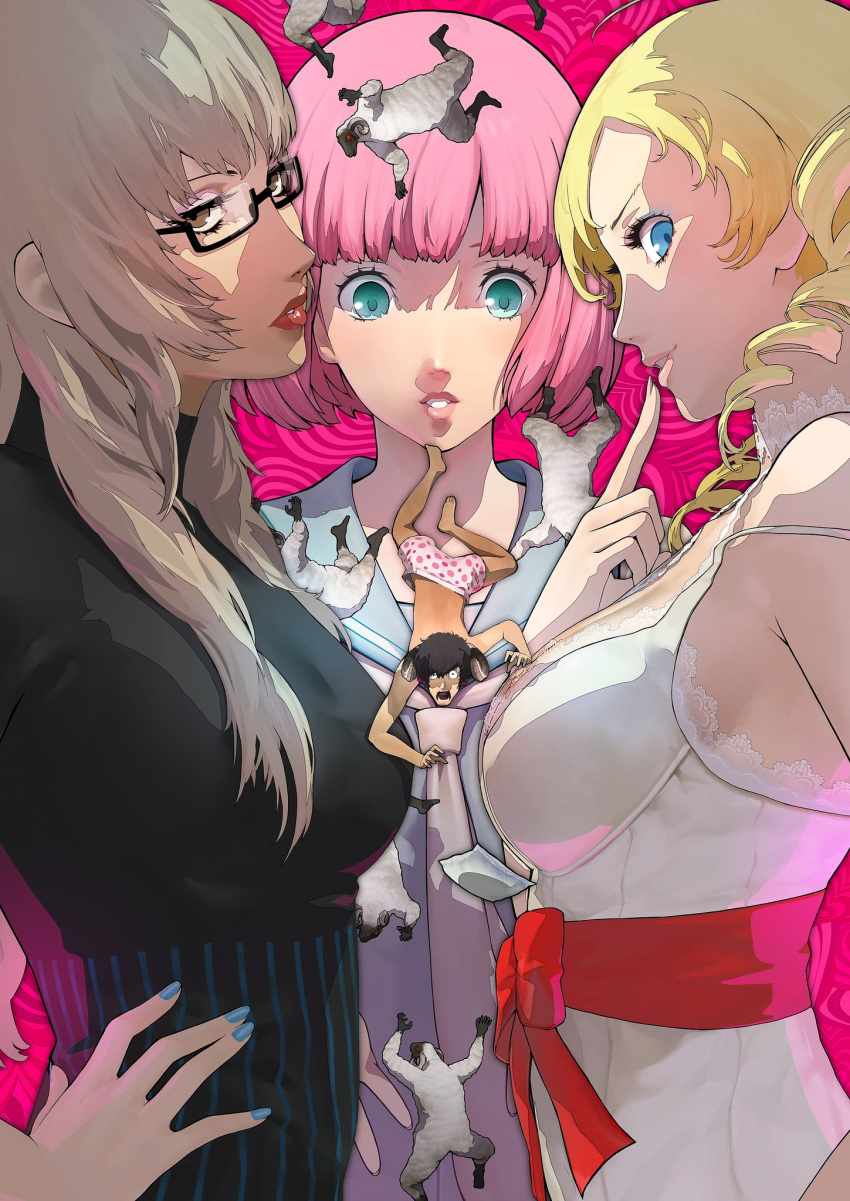 2boys, 2girls, black-framed_eyewear, blonde_hair, blue_eyes, boxers, brown_hair, catherine, catherine:_full_body, catherine_(game), eyeshadow, finger_to_mouth, game_console, glasses, green_eyes, head_tilt, highres, horns, katherine_mcbride, lace_trim, long_hair, looking_at_viewer, makeup, multiple_boys, multiple_girls, official_art, open_mouth, otoko_no_ko, parted_lips, pink_background, pink_eyes, pink_hair, polka_dot_underwear, rin_(catherine), sailor_collar, semi-rimless_eyewear, short_hair, smile, soejima_shigenori, twintails, underwear, upper_body, upside-down, vincent_brooks, waist_bow