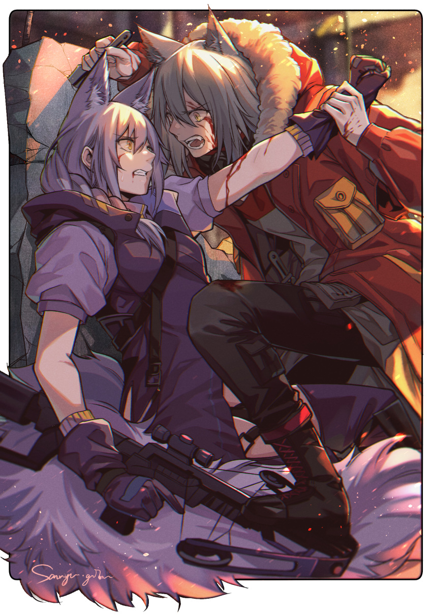 2girls, animal_ear_fluff, animal_ears, arknights, arm_grab, artist_name, bangs, black_footwear