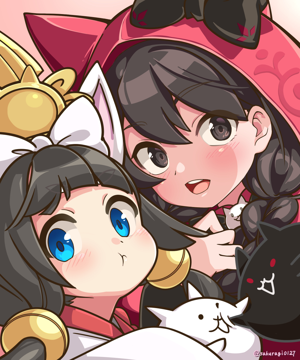 2girls, animal_ears, black_bow, black_eyes, black_hair, blue_eyes, blush, bow, braid, cat_(nyanko_daisensou), cat_ears, gold_hairband, highres, minya_(nyanko_daisensou), mitama_(nyanko_daisensou), multiple_girls, nyanko_daisensou, pink_background, sakuragiyuuki, twin_braids, white_bow