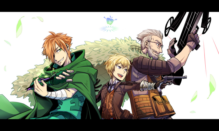 3boys, apple, beard, billy_the_kid_(fate/grand_order), blonde_hair, bow_(weapon), brown_hair, cloak