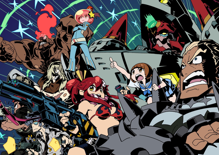 3girls, 5boys, anti-materiel_rifle, arc_gurren-lagann, bare_chest, bikini_top, black_shirt, blonde_hair