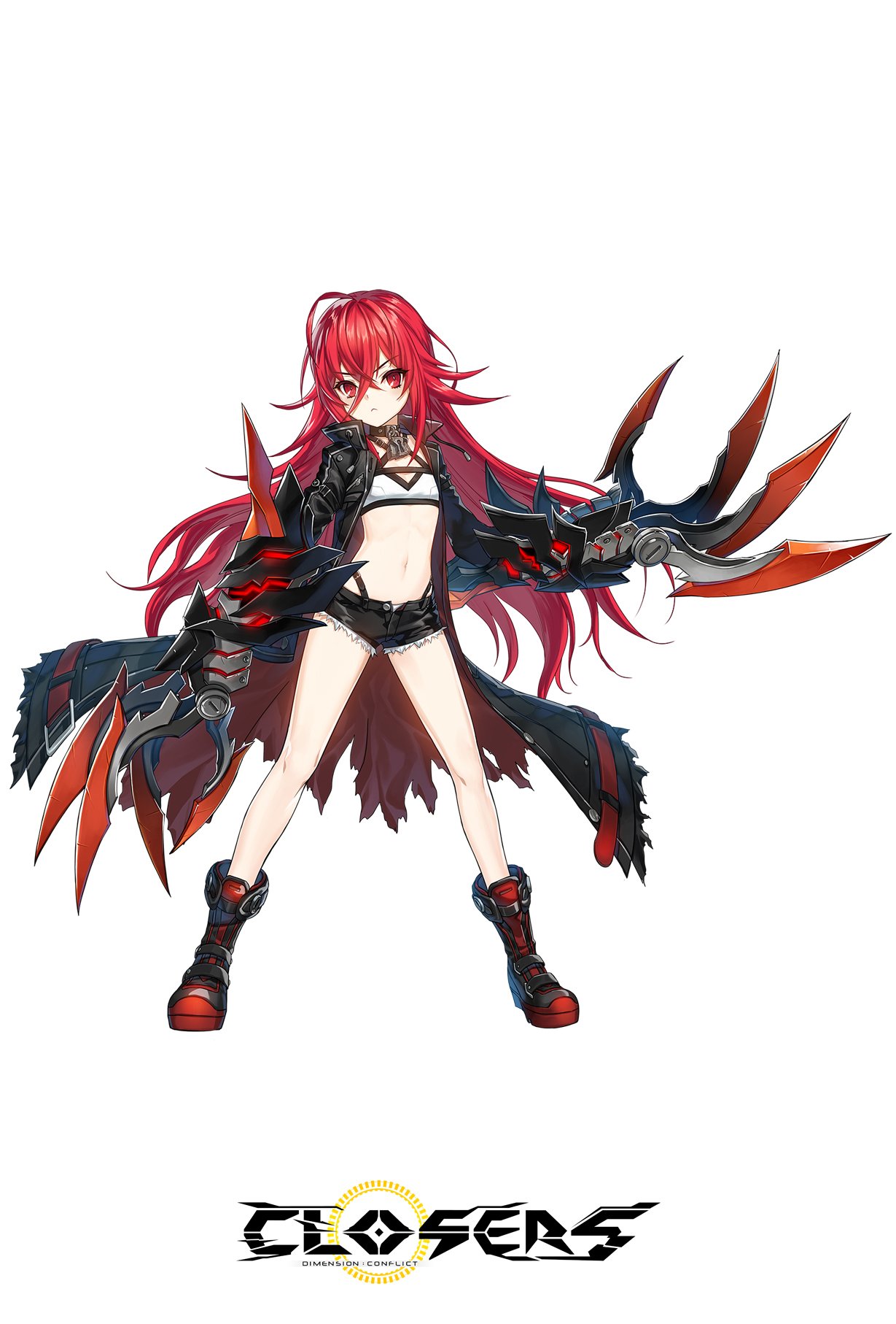 1girl, bandeau, bare_legs, black_jacket, black_shorts, boots, choker, claws