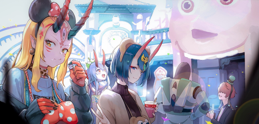 +15, 2boys, 3girls, alien_(toy_story), alternate_costume, amusement_park, bangs, blonde_hair