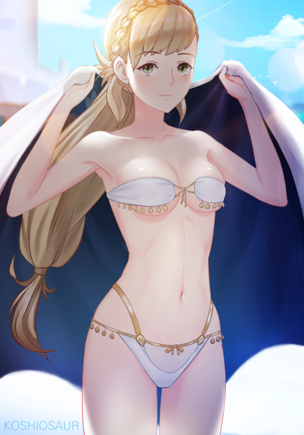 1girl, artist_name, bikini, blonde_hair, blue_sky, braid, closed_mouth, clouds