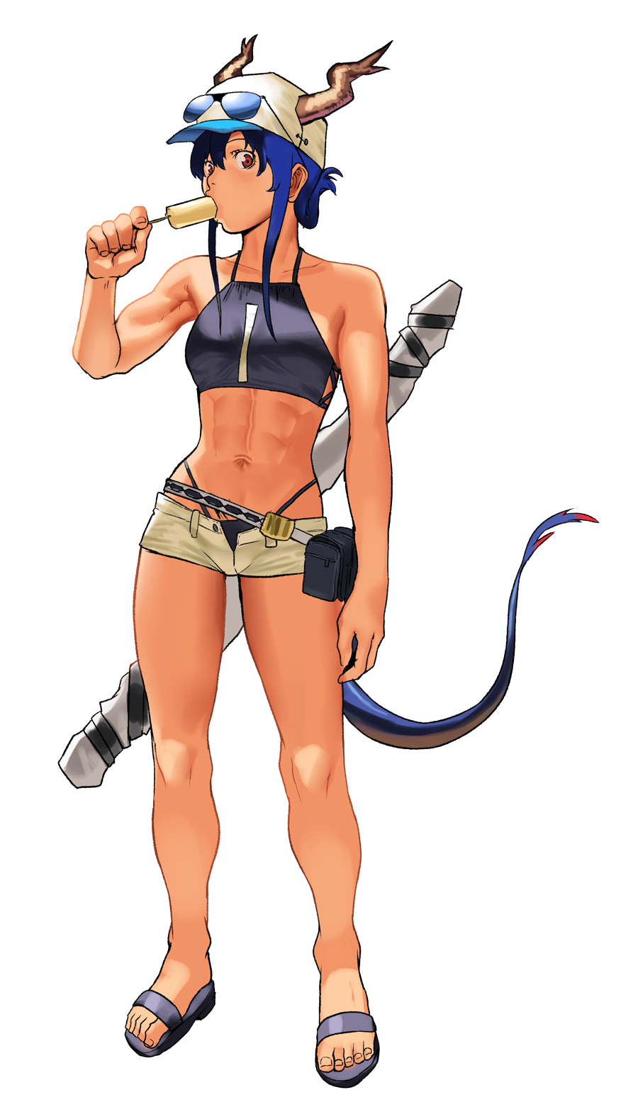 1girl, abs, arknights, baseball_cap, belt, belt_pouch, black_swimsuit, blue_hair