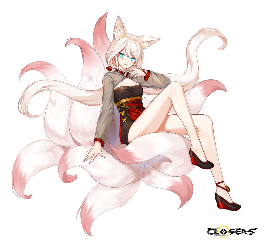 1girl, animal_ear_fluff, animal_ears, bare_legs, black_dress, blue_eyes, closers, dress