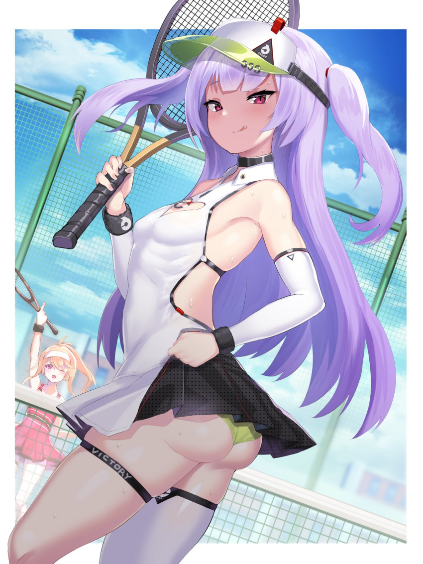 2girls, achilles_(azur_lane), ajax_(azur_lane), alternate_costume, armpits, ass, azur_lane, bache_(azur_lane)