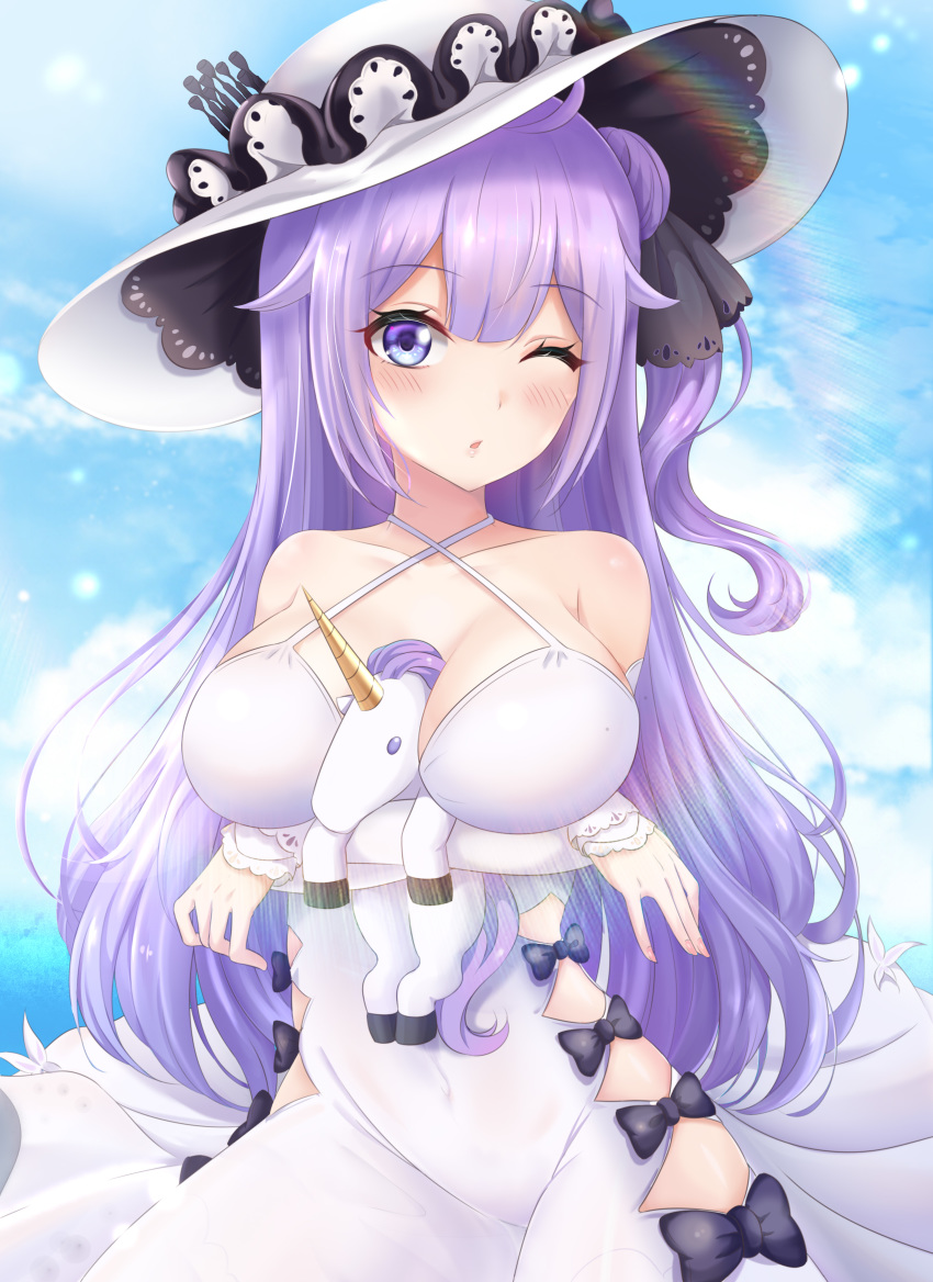 1girl, absurdres, alternate_breast_size, azur_lane, between_breasts, blue_sky, breast_hold, breasts, cosplay, hat, highres, illustrious_(azur_lane), illustrious_(azur_lane)_(cosplay), large_breasts, long_hair, older, one_eye_closed, oppai_loli, outdoors, purple_hair, sky, sunlight, unicorn_(azur_lane), violet_eyes, zeukiar