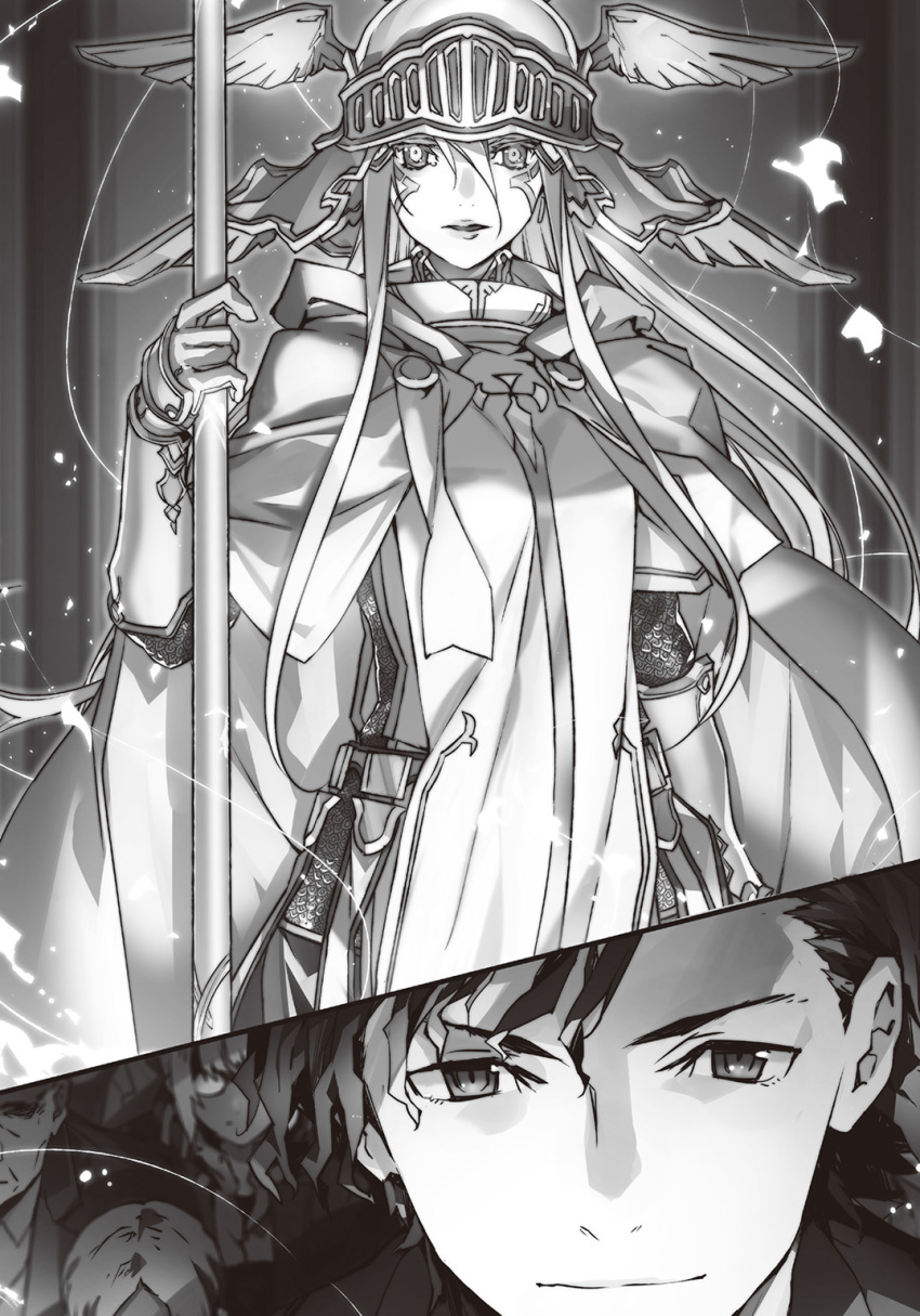 1boy, 1girl, armor, armored_dress, bangs, blonde_hair, blue_eyes, breasts, bunbun, campione!, gauntlets, goddess, headpiece, highres, julio_caesar_blandelli, lancelot_du_lac_(campione!), long_hair, looking_at_viewer, novel_illustration, official_art, shiniki_no_campioness, very_long_hair