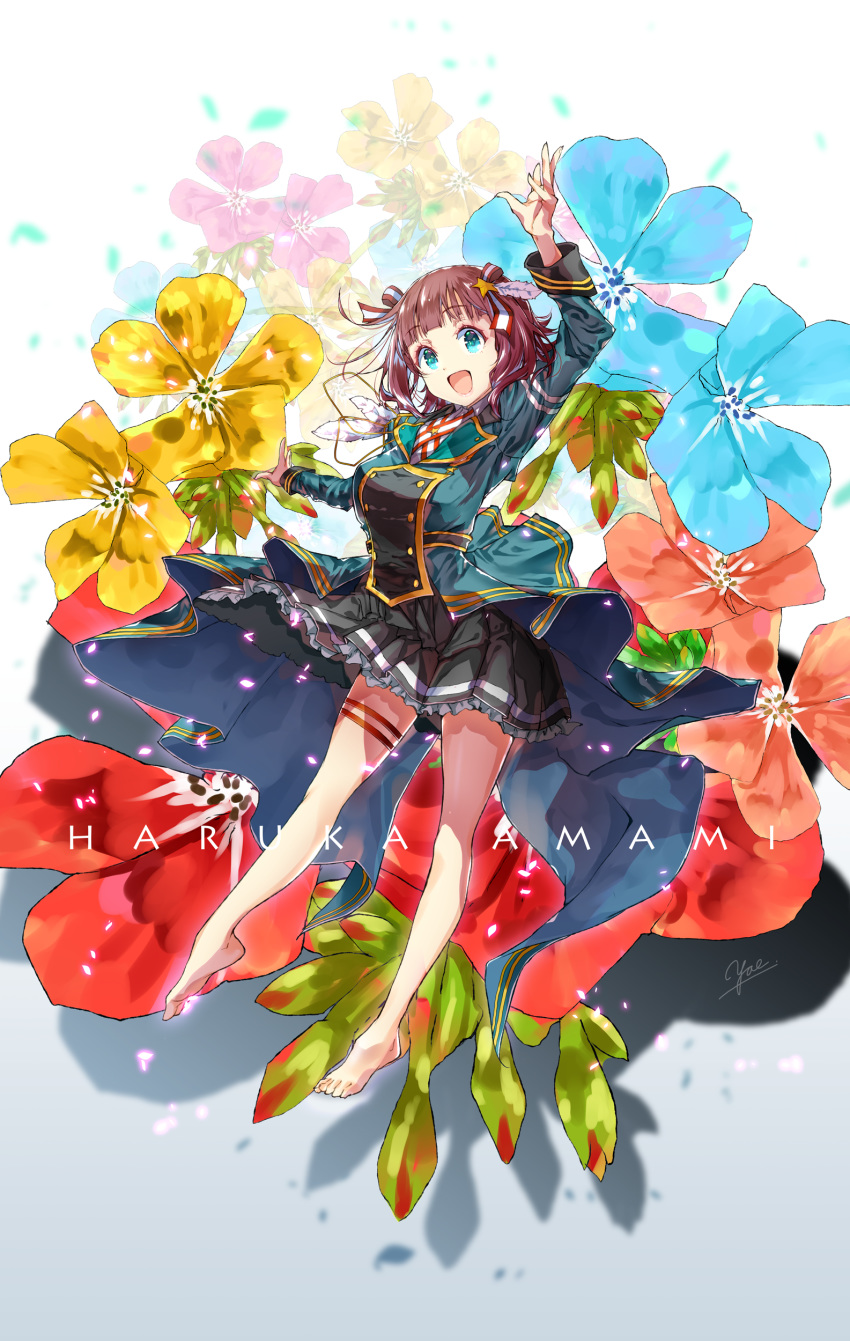 1girl, :d, absurdres, amami_haruka, arm_up, artist_name, bangs, barefoot