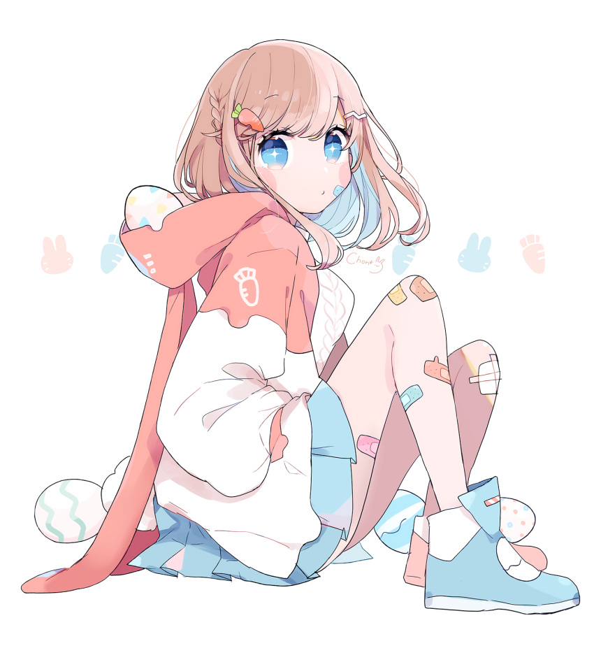 1girl, aran_sweater, bandaid, bandaid_on_knee, bandaid_on_leg, bangs, blue_eyes, blue_footwear