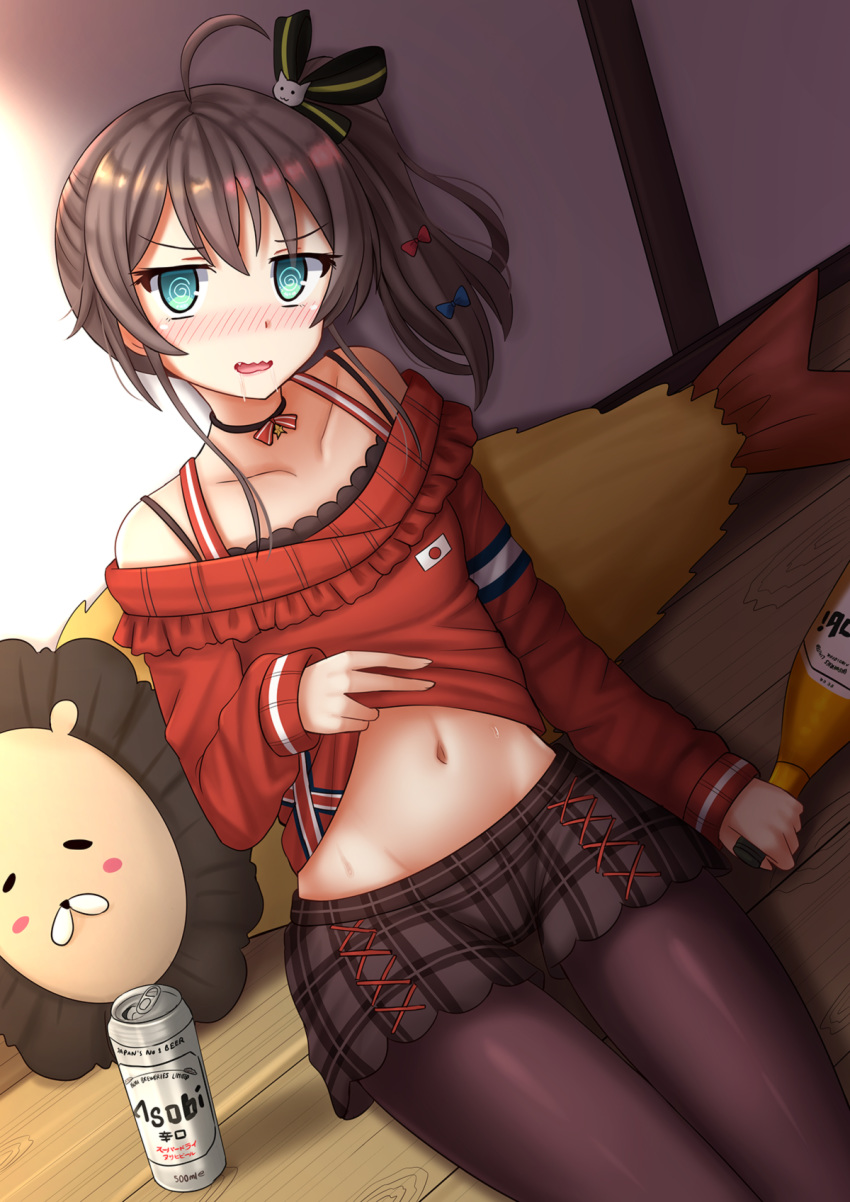 1girl, @_@, ahoge, aqua_eyes, bangs, bare_shoulders, beer_can, black_bra, black_choker, black_legwear, black_ribbon, black_shorts, blush, bottle, bra, can, choker, clothes_lift, collarbone, commentary, cosplay, drooling, drunk, ebi_frion_(matsuri_channel), english_commentary, eyebrows_visible_through_hair, fang, hair_ribbon, highres, holding, holding_bottle, hololive, hoshikawa_sara, hoshikawa_sara_(cosplay), japanese_flag, kazenokaze, legwear_under_shorts, lifted_by_self, long_hair, long_sleeves, looking_at_viewer, natsuiro_matsuri, navel, nose_blush, off-shoulder_sweater, off_shoulder, on_floor, open_mouth, pantyhose, plaid, plaid_shorts, red_sweater, ribbon, short_shorts, shorts, side_ponytail, sidelocks, sitting, stomach, stuffed_toy, sweater, sweater_lift, thigh_gap, underwear, v-shaped_eyebrows, virtual_youtuber, wavy_mouth, wooden_floor