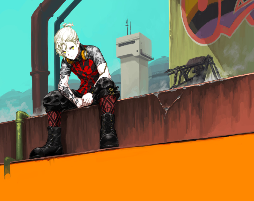 1boy, absurdres, bad_boy_(module), blonde_hair, boots, buckle, chain, graffiti