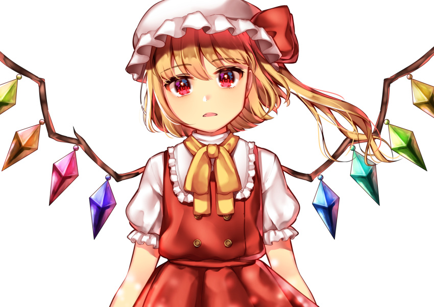 1girl, bangs, blonde_hair, eyebrows_visible_through_hair, flandre_scarlet, hat, long_hair, looking_at_viewer