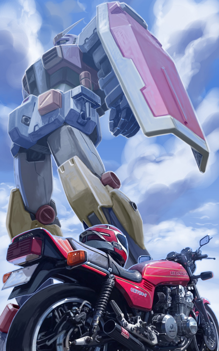 clouds, engine, ground_vehicle, gundam, helmet, highres, k-kat, machinery