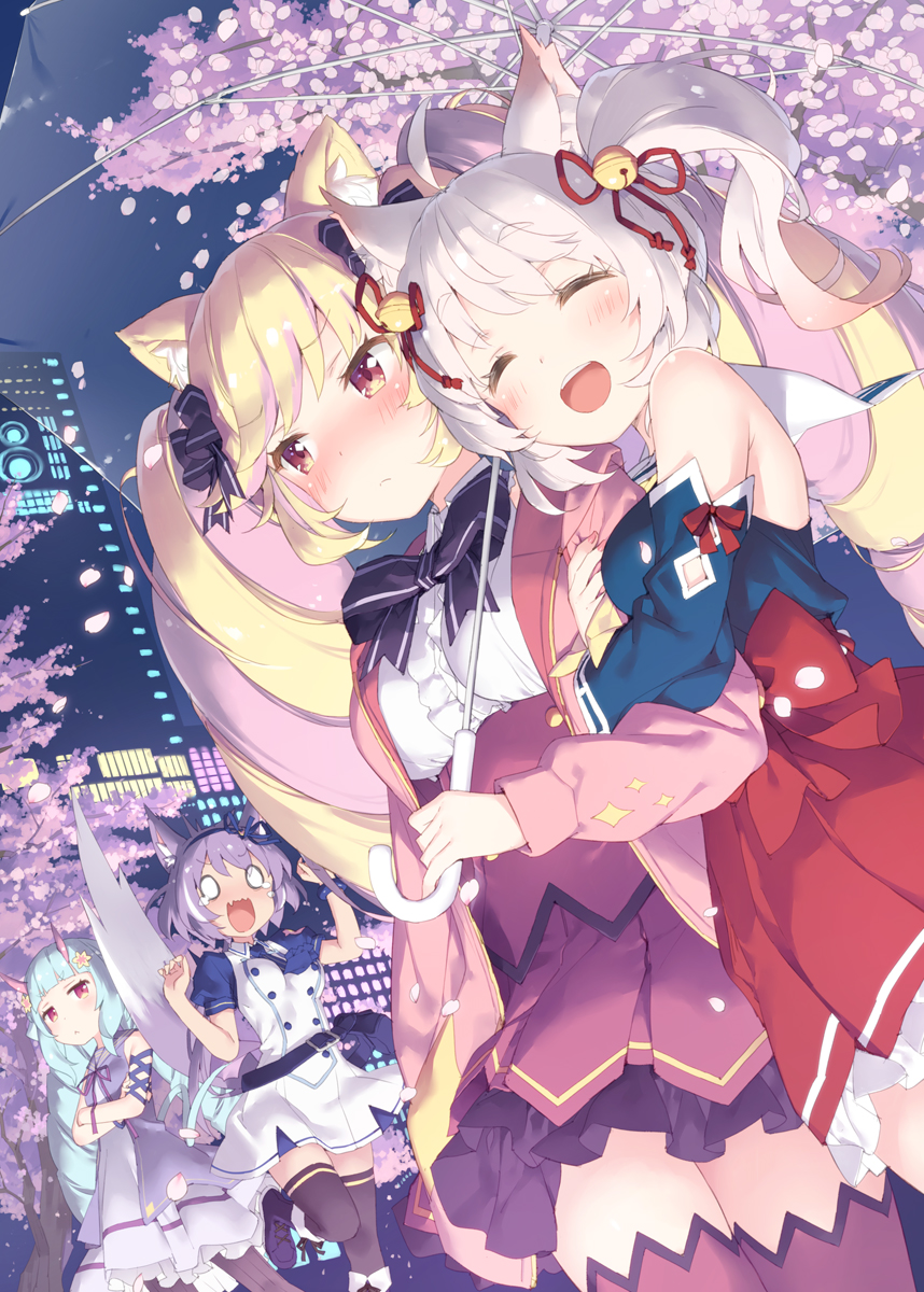 4girls, :d, ^_^, animal_ear_fluff, animal_ears, arm_hug, bangs, bare_shoulders