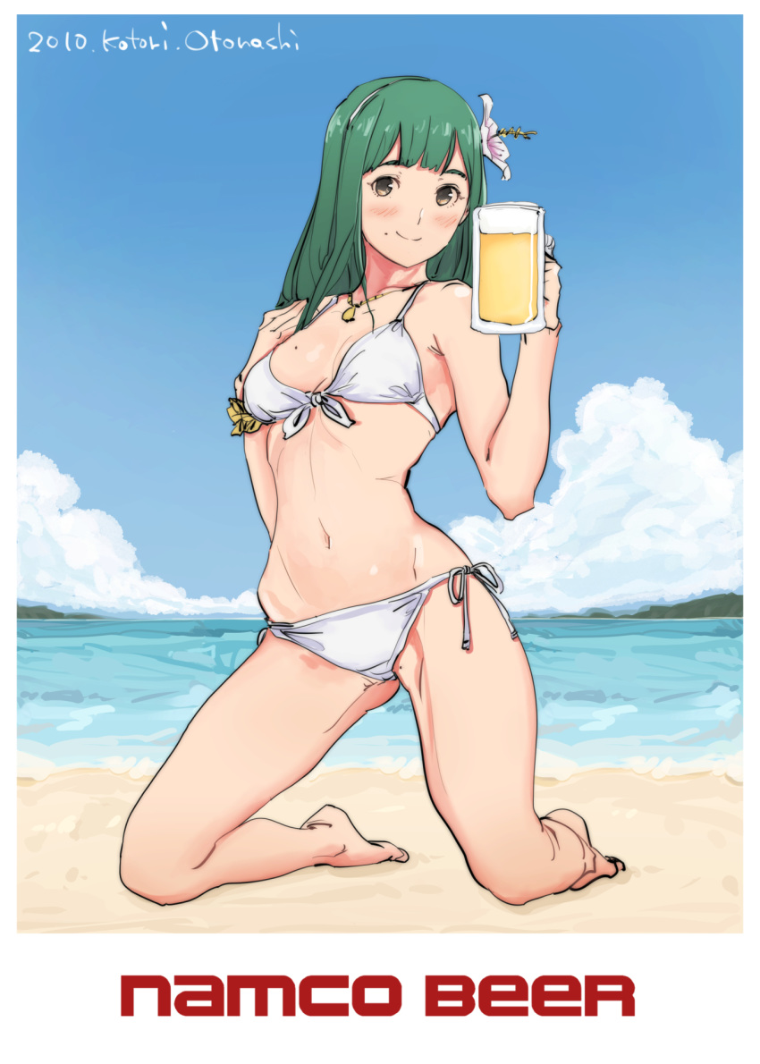 1girl, alcohol, bangs, beach, beer, beer_mug, bikini, blunt_bangs