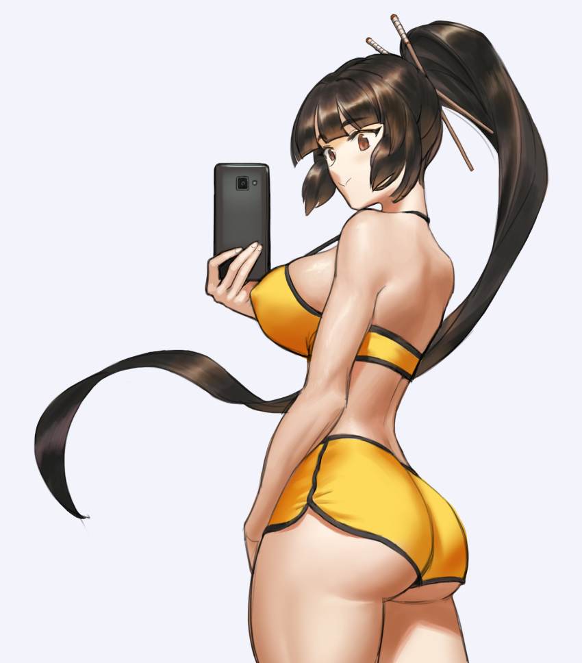 1girl, ass, bangs, bare_arms, bare_shoulders, blunt_bangs, breasts, brown_eyes, brown_hair, cellphone, closed_mouth, covered_nipples, crop_top, eyebrows_visible_through_hair, grey_background, hair_ornament, hair_stick, halterneck, high_ponytail, highres, holding, holding_phone, hsh_thx, large_breasts, last_origin, long_hair, phone, self_shot, short_shorts, shorts, sideboob, sidelocks, smartphone, smile, sports_bra, thighs, tiequan_(last_origin), very_long_hair, yellow_shorts