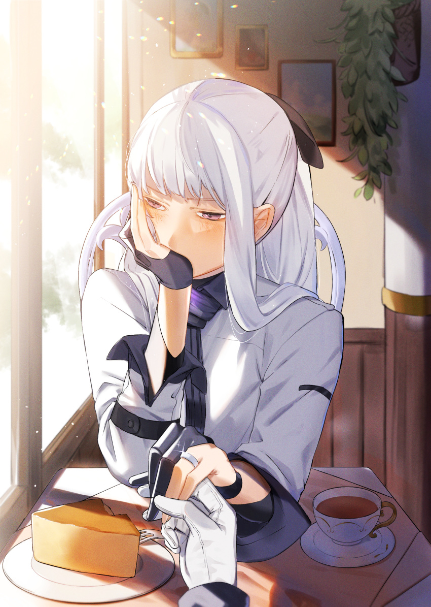 1girl, absurdres, ak-12_(girls_frontline), bangs, blush, cafe, coffee, covering_mouth