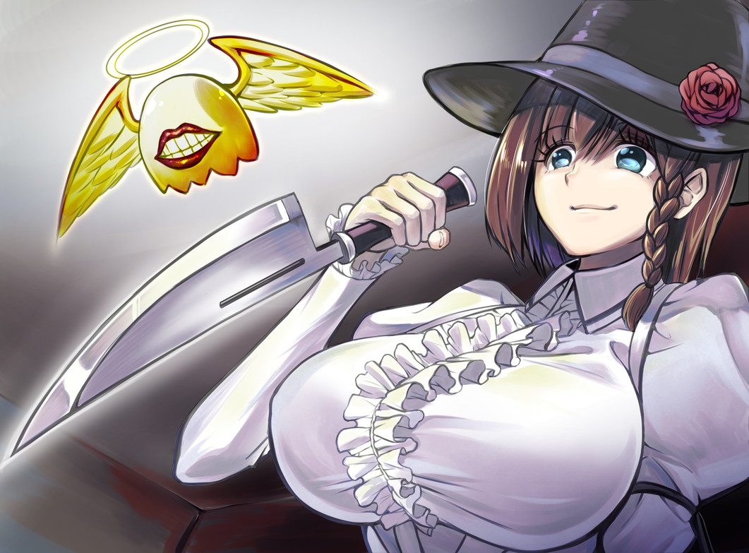 1girl, blue_eyes, braid, breasts, brown_hair, charlotte_corday_(fate/grand_order), fate/grand_order, fate_(series), frills, grin, halo, hat, holding, holding_knife, knife, large_breasts, monster, revision, short_hair, smile, taichi, wings